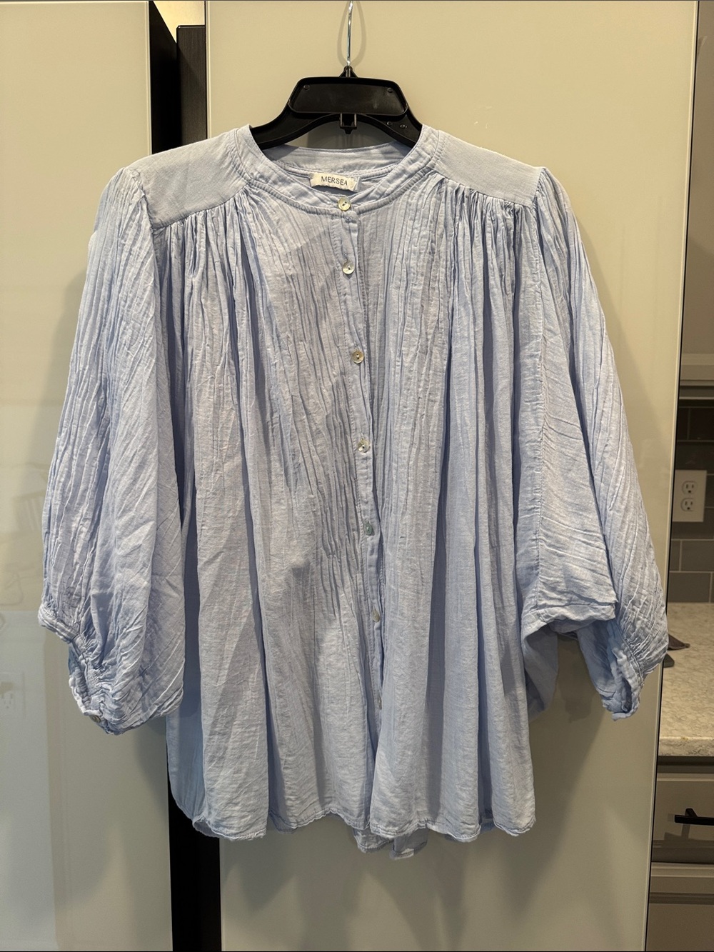 Mersea Light Blue Cotton Button-Front Peasant Shirt